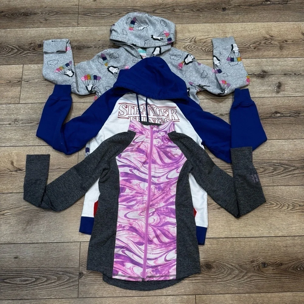 3 sweatshirts, Stranger Things, purple gray zip up, panda bears, similar fit.